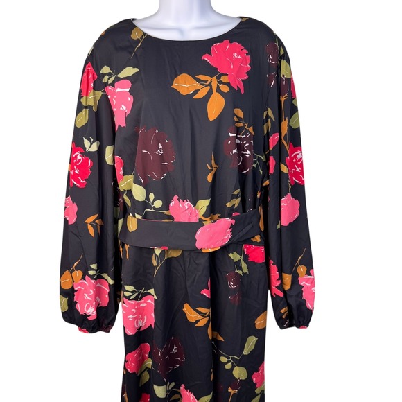 Eshakti Dress Women's 24W Floral Print Black Long Sleeve Knee Length Belted - Picture 3 of 16